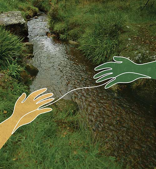 Photo of creek with illustration of hands trying to connect